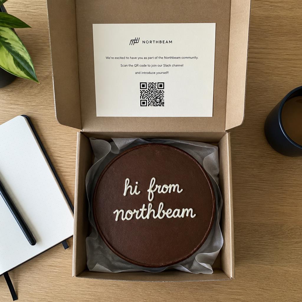 Overhead view of an open kraft box on a desk with a chocolate cake piped 'hi from northbeam' and a printed card with a QR code in the lid