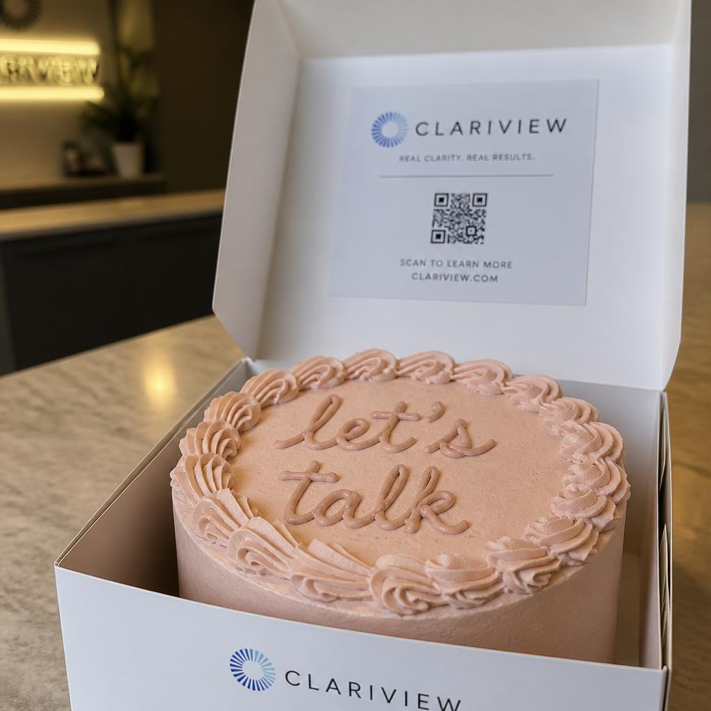 Close-up of a pale pink cake piped 'let's talk' in an open white box on a reception counter, branded card in the lid