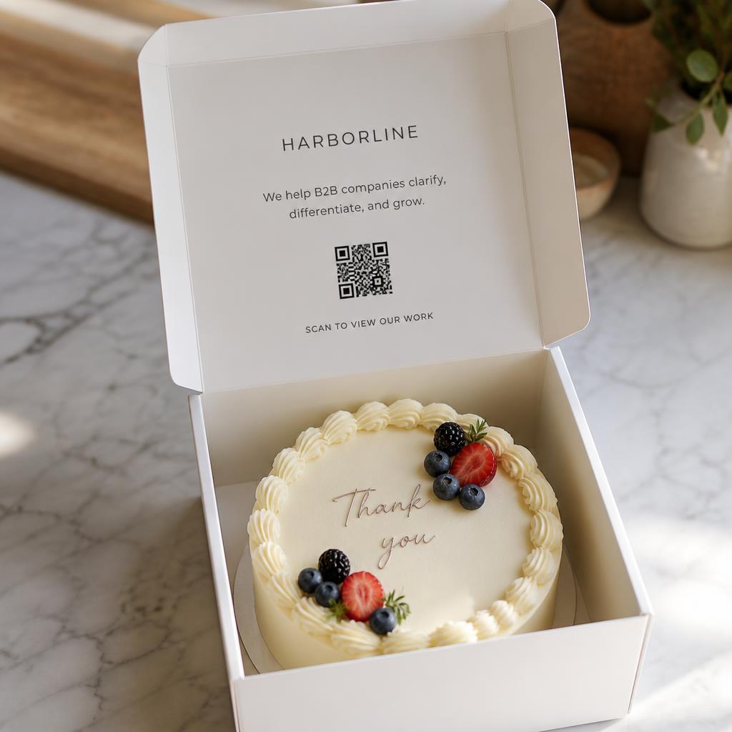 Detail of a clean printed pitch card inside the lid of a cake box for Harborline, with a QR code and no contact details