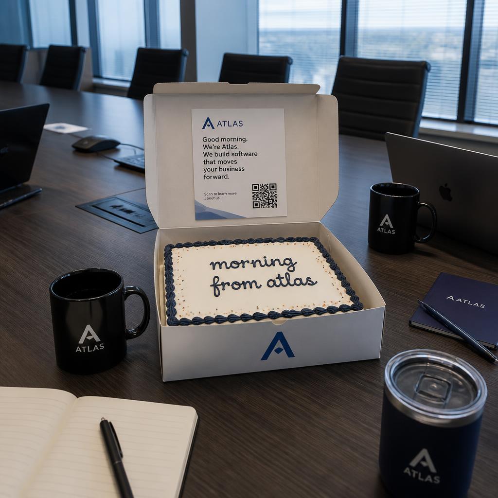 Boardroom table with an open branded box holding a sheet cake piped 'morning from atlas'