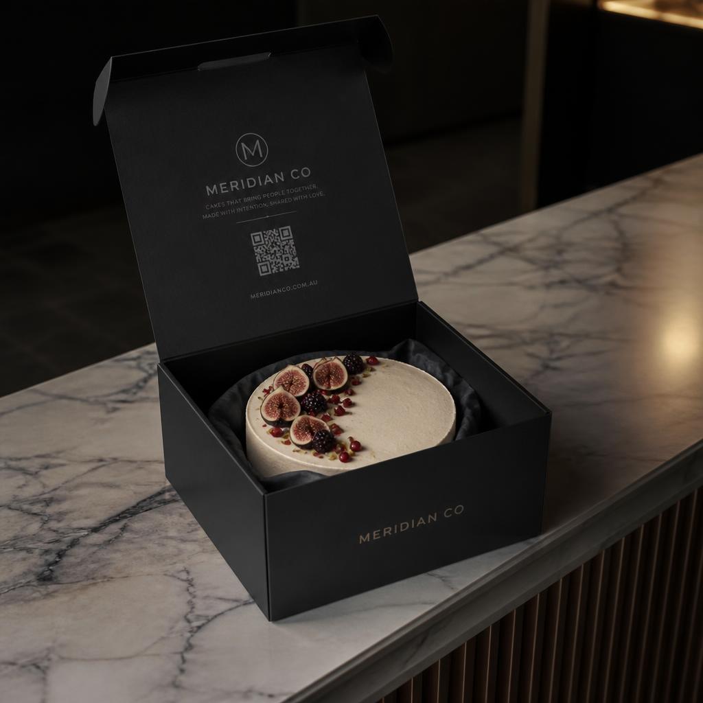Matte black branded box open on a marble reception counter with a fig and berry cake inside